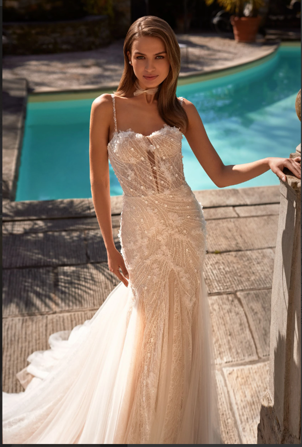 Bluebell 08279 Mermaid Wedding Dress – 3D Floral Lace Gown with Strapless Corset, Chantilly Underlay & Removable Sleeves